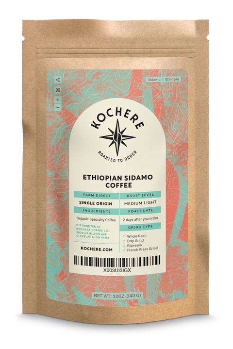 A bag of Ethiopian Sidamo Coffee - Natural, Origin Single - Medium Light Roast with fruity flavors from Kochere Coffee Company.
