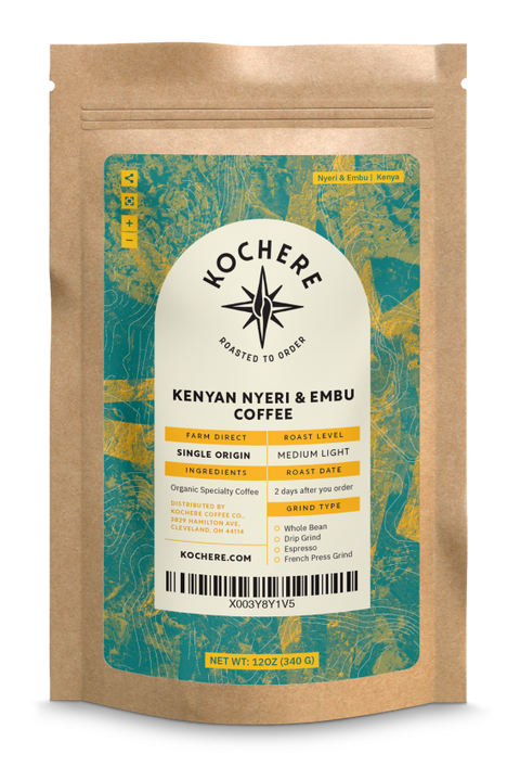 A bag of Kenyan Nyeri & Embu Coffee - AB, Single Origin - Medium Light Roast from Kochere Coffee Company.
