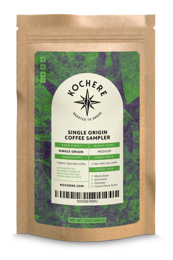 A bag of Kochere Single Origin Coffee Sampler beans from Ethiopia with a label on it.