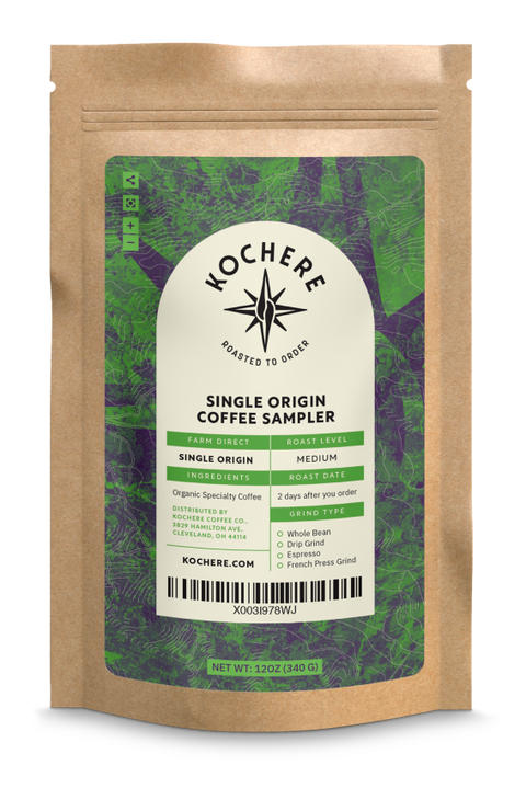A bag of Kochere Single Origin Coffee Sampler beans from Ethiopia with a label on it.